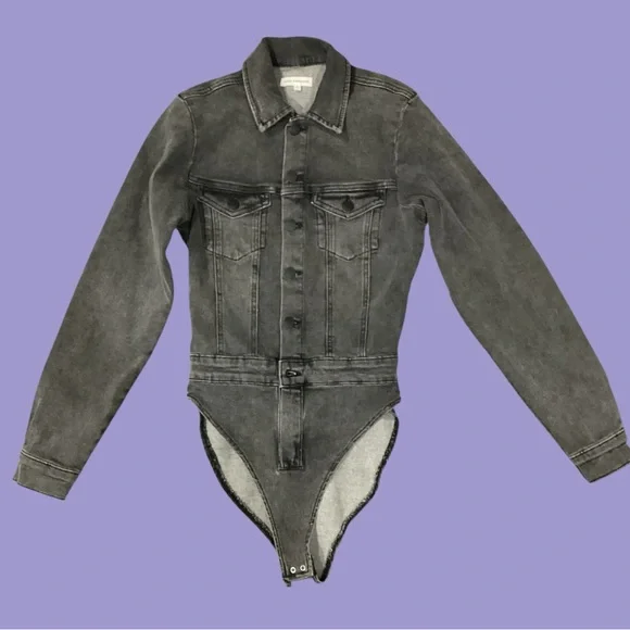 Good American NWT Black Denim Thong Bodysuit Button Down Size 1 (Small) - Picture 3 of 10